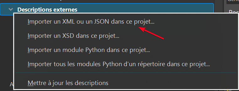 Menu Descriptions externes — Importer un XML ou un JSON dans ce projet